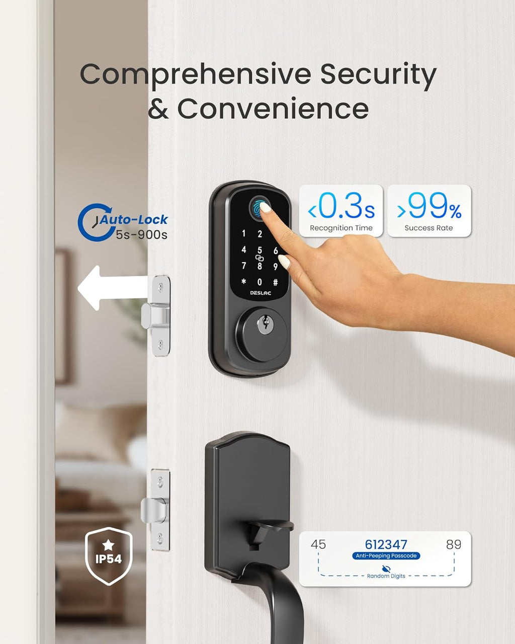 DESLOC B200 Keyless Entry Door Lock with Handle Set, Smart Locks for Front Door, Deadbolt Smart Lock, Front Door Locks Set, Electronic keypad Deadbolt with Handle, 12 Months Battery, IP54