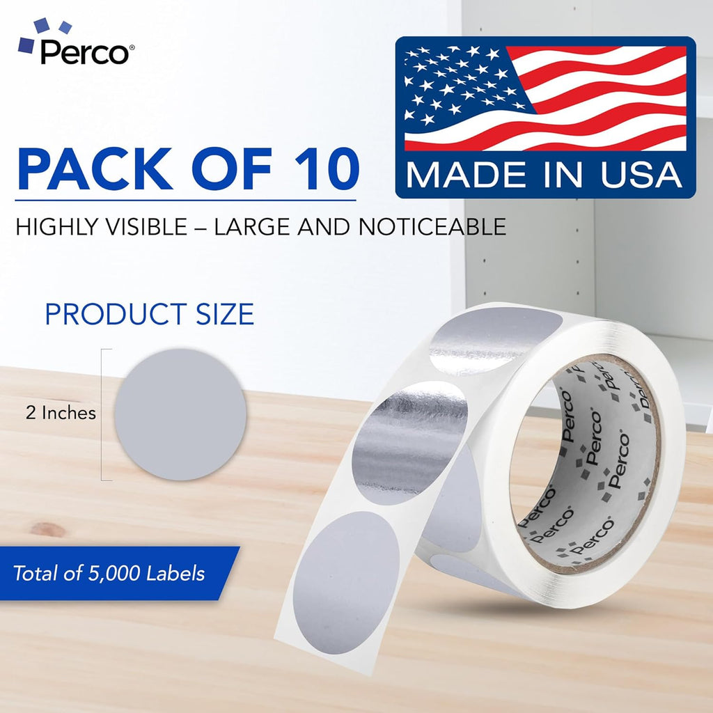 Perco Metallic Silver 2-Inch Perforated Circle Dot Sticker Labels — 10 Rolls, 5,000 Round Stickers — with Permanent Adhesive for Awards, Product Seals, Gift Packaging, Event Marking — Made in USA