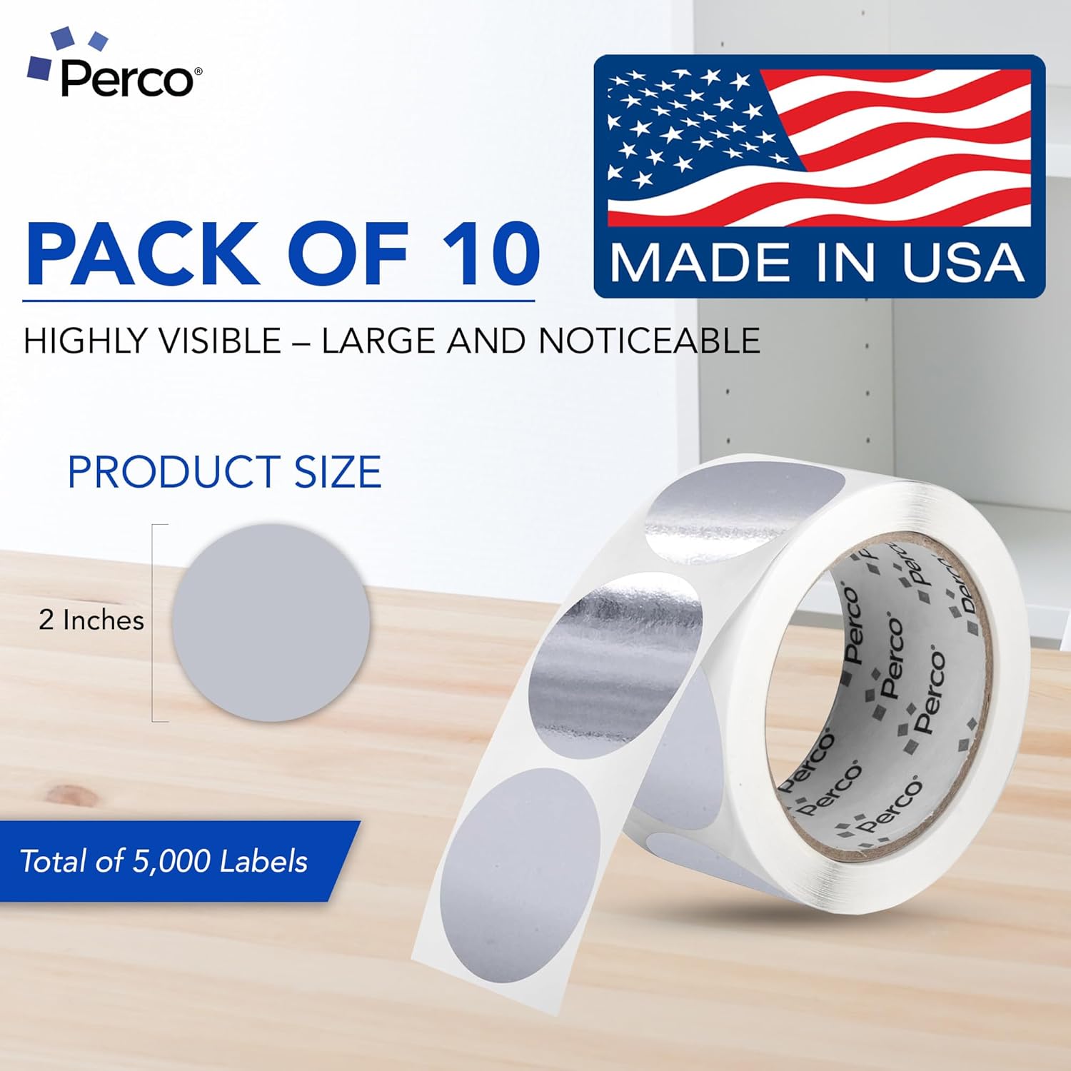 Perco Metallic Silver 2-Inch Perforated Circle Dot Sticker Labels — 10 Rolls, 5,000 Round Stickers — with Permanent Adhesive for Awards, Product Seals, Gift Packaging, Event Marking — Made in USA
