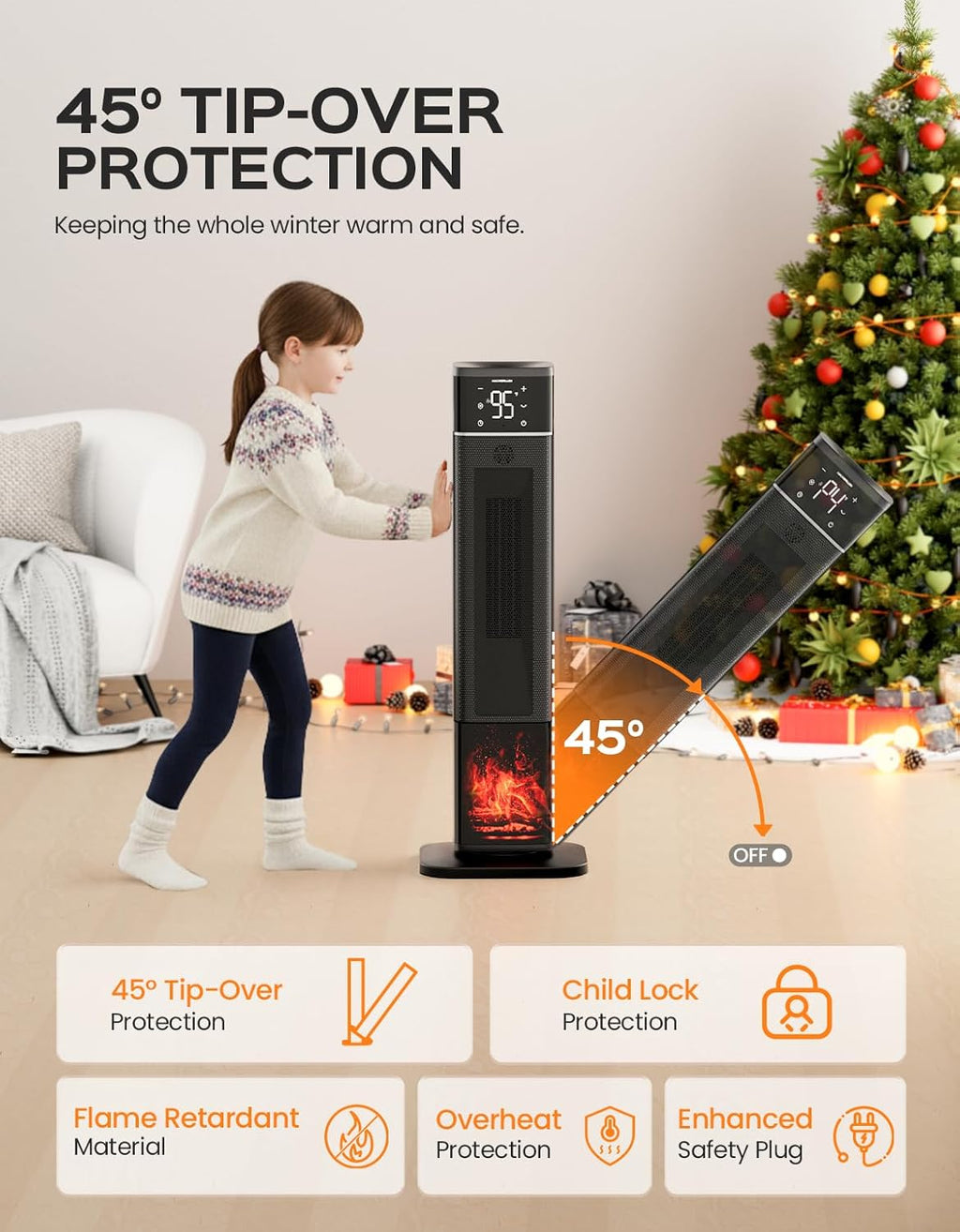 32.3" Portable Space Heaters for Indoor Use Large Room, 1500W Tower Electric Space Heater with 3D Flame, PTC Ceramic Space Heaters with Remote