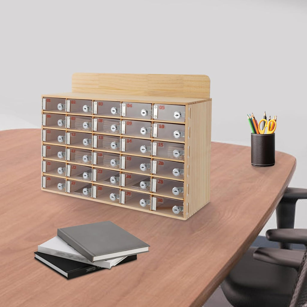 Cell Phone Locker Box 30 Slots Cell Phone Organizer Cabinet with Combination Locks Wall-Mounted Locking Cell Phone Storage Box for Classroom Office,Shool,Office (30 Slots, Wood+Acrylic)