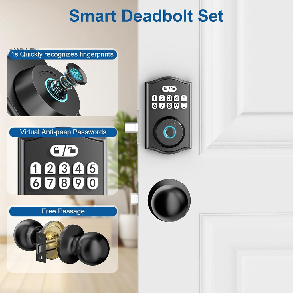 Fingerprint Door Lock with Door Knobs Set, Keyless Entry Door Lock Deadbolt with Handle, Smart Front Door Lock Set with APP Control/Fingerprints/Passwords/Auto-Lock/Easy Installation Black