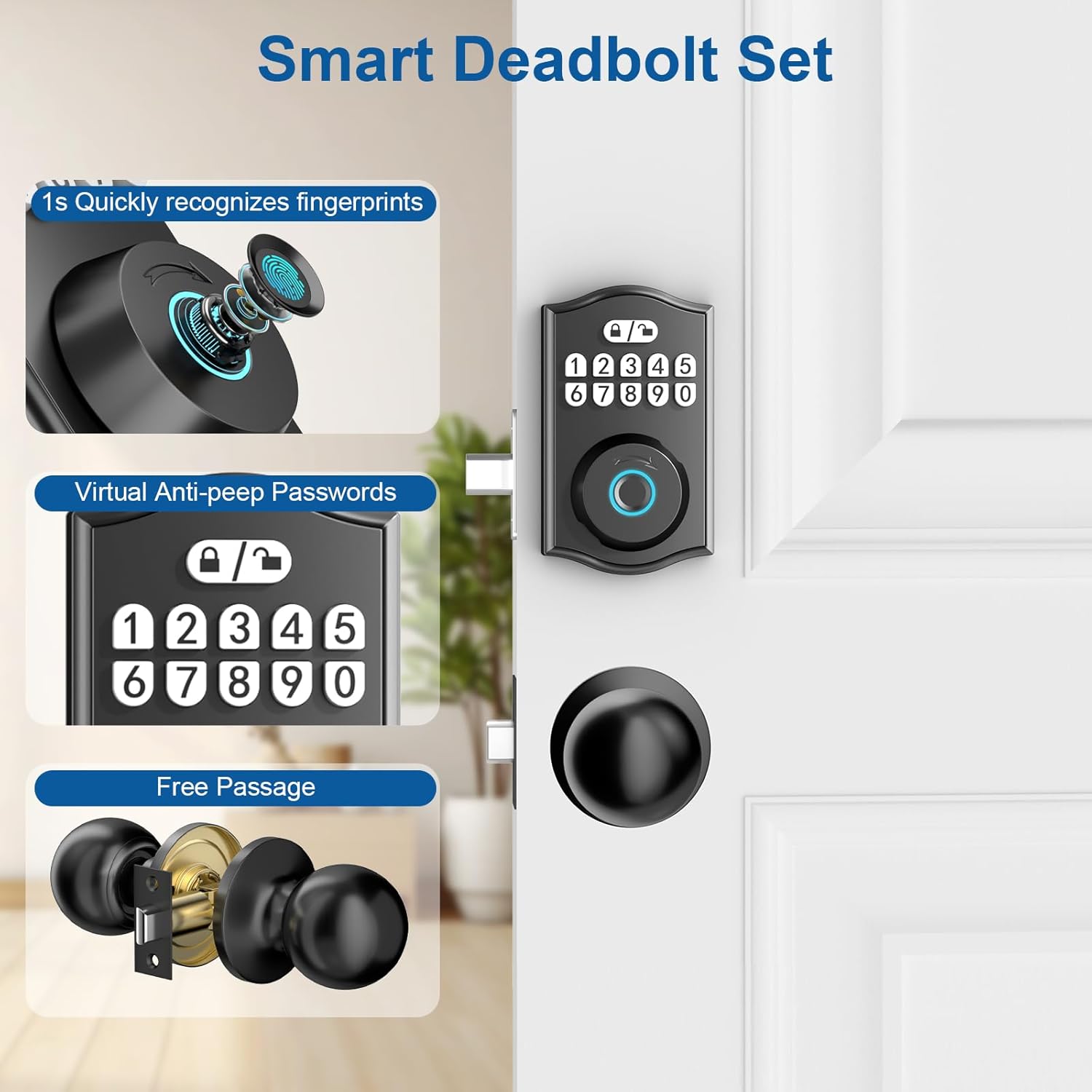 Fingerprint Door Lock with Door Knobs Set, Keyless Entry Door Lock Deadbolt with Handle, Smart Front Door Lock Set with APP Control/Fingerprints/Passwords/Auto-Lock/Easy Installation Black