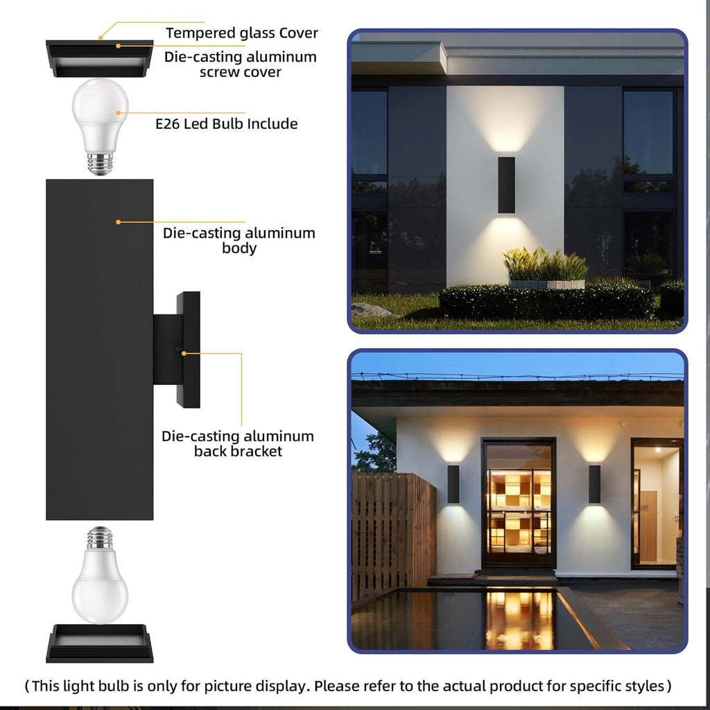JAYMP 13" Up and Down Wall Sconce Aluminum Modern Outdoor Light, Black Rectangular IP65 Waterproof Exterior Wall Lamp for Front Door Patio Porch Staircase Hallway (1 Pack)