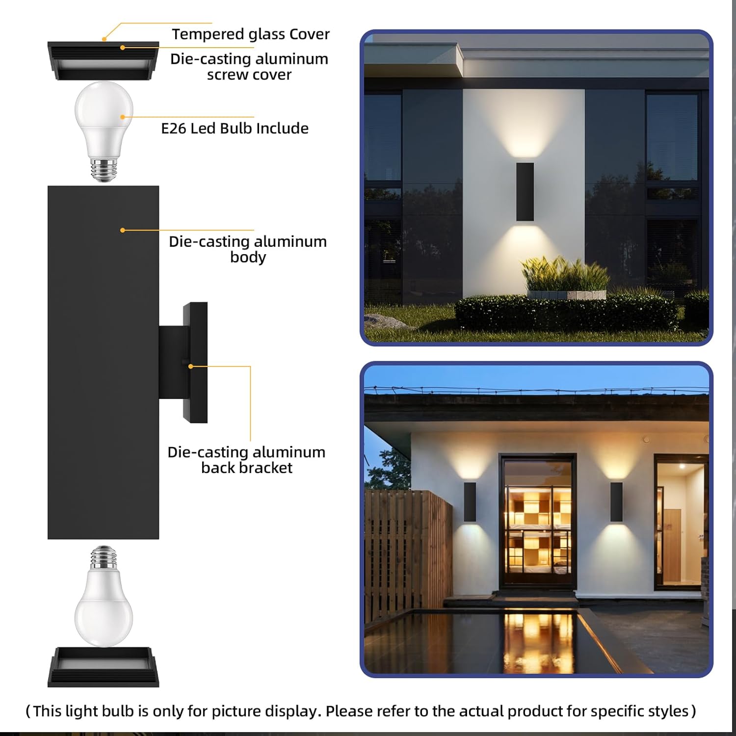 JAYMP 13" Up and Down Wall Sconce Aluminum Modern Outdoor Light, Black Rectangular IP65 Waterproof Exterior Wall Lamp for Front Door Patio Porch Staircase Hallway (1 Pack)