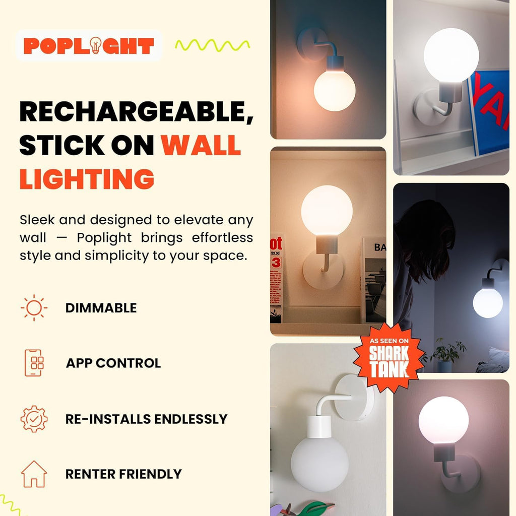 Wireless Wall Sconce (Shark Tank) Rechargeable & Dimmable LED Light w/App Control & Damage-Free Install, Moveable Modern Ambient Lighting for Elegant Home & Bedroom Decor | Popwhite