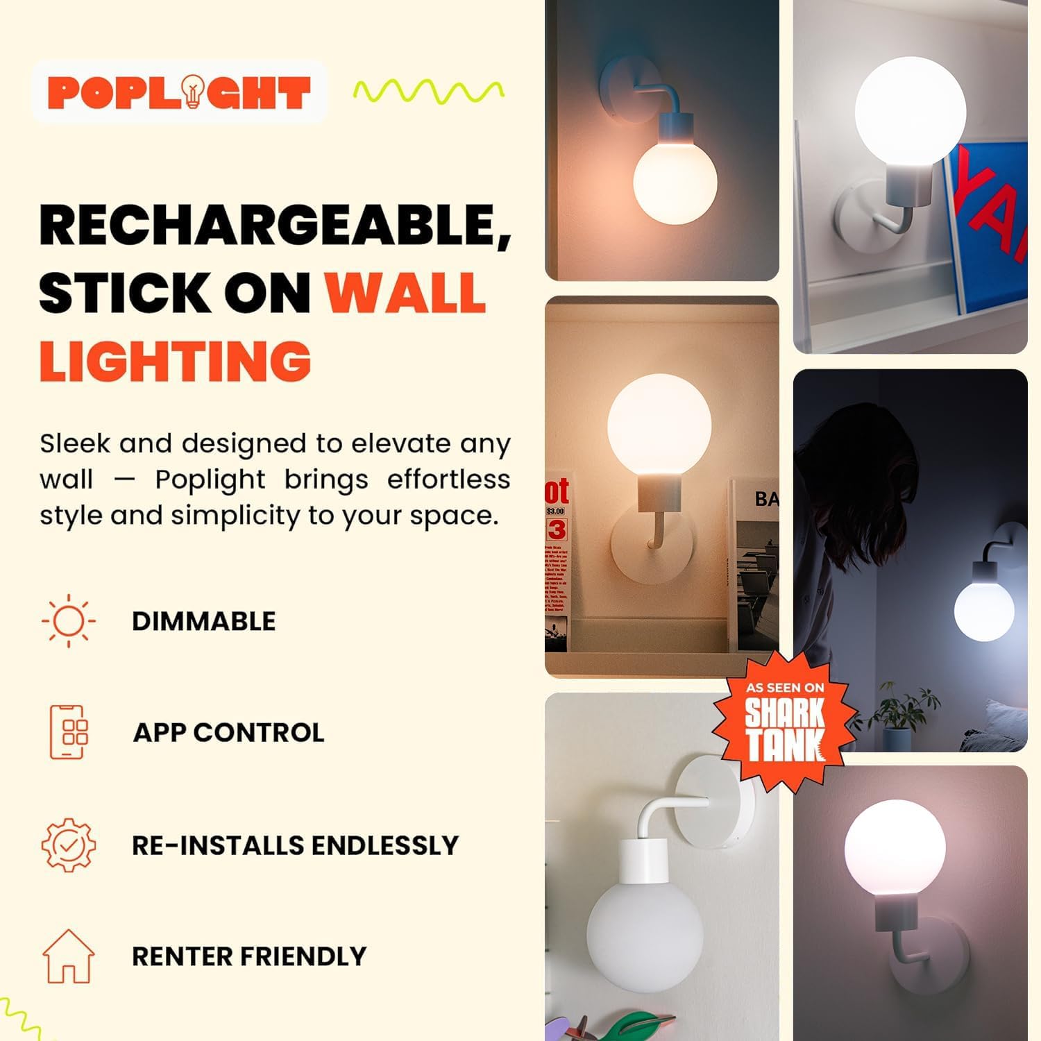 Wireless Wall Sconce (Shark Tank) Rechargeable & Dimmable LED Light w/App Control & Damage-Free Install, Moveable Modern Ambient Lighting for Elegant Home & Bedroom Decor | Popwhite