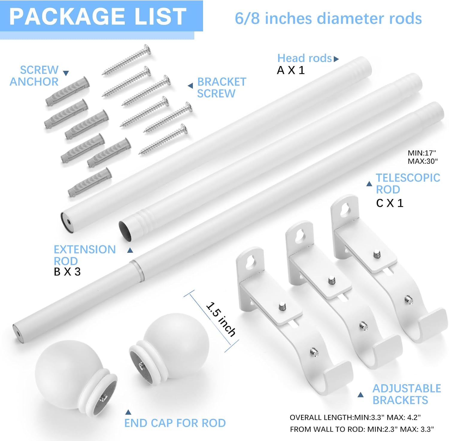 Curtain Rods for Windows 16 to 76 Inches, Curtain Rod Max Adjustable Length of 88 IN, 6/8" Diameter Drapery Rods Round Finials, White, Pack of 1