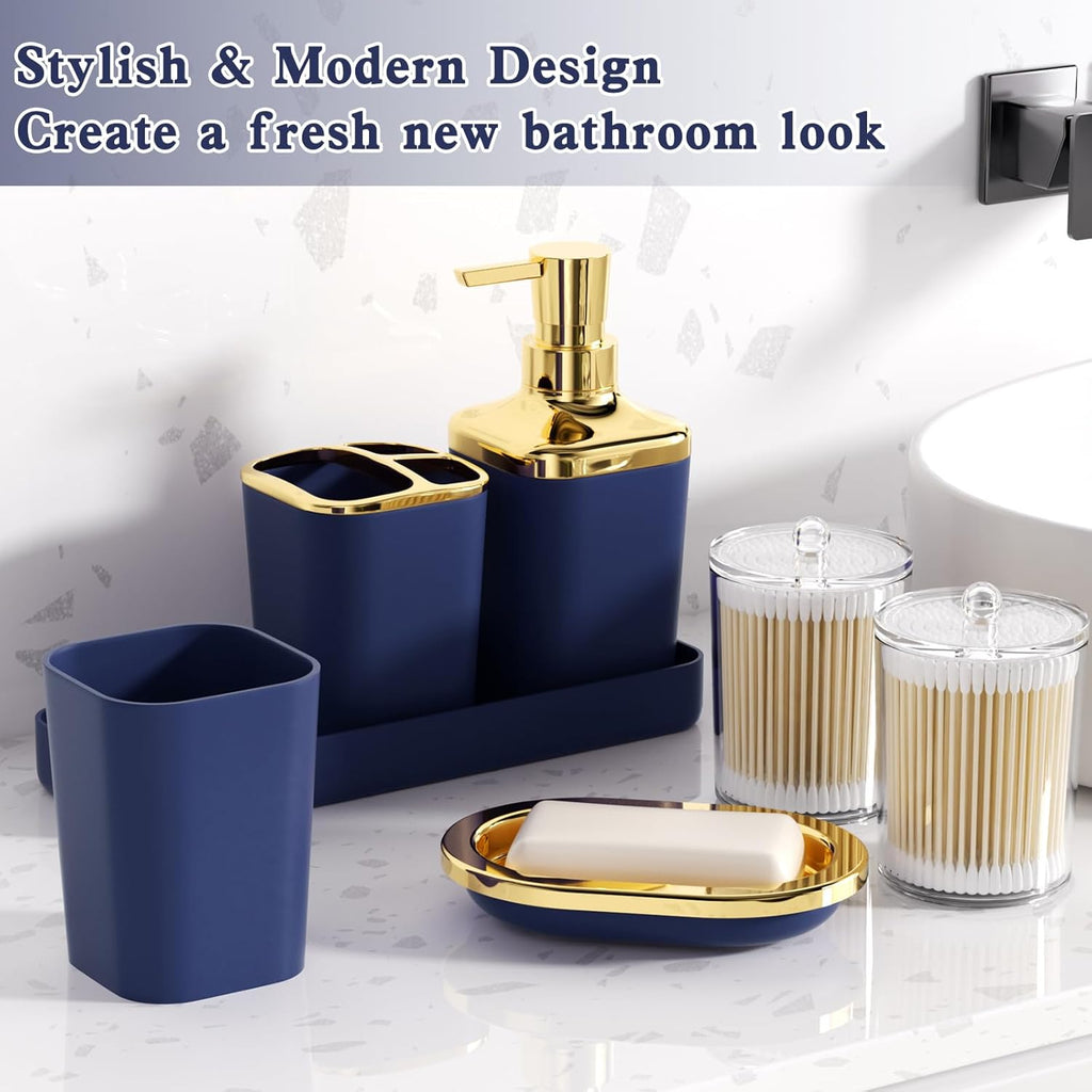 Blue and Gold Bathroom Accessories Set, Bathroom Sets with Shower Curtain, Blue Bathroom Accessories with Trash Can, Soap Dispenser, Soap Dish, Toilet Brush Holder, Qtip Holders for Bathroom