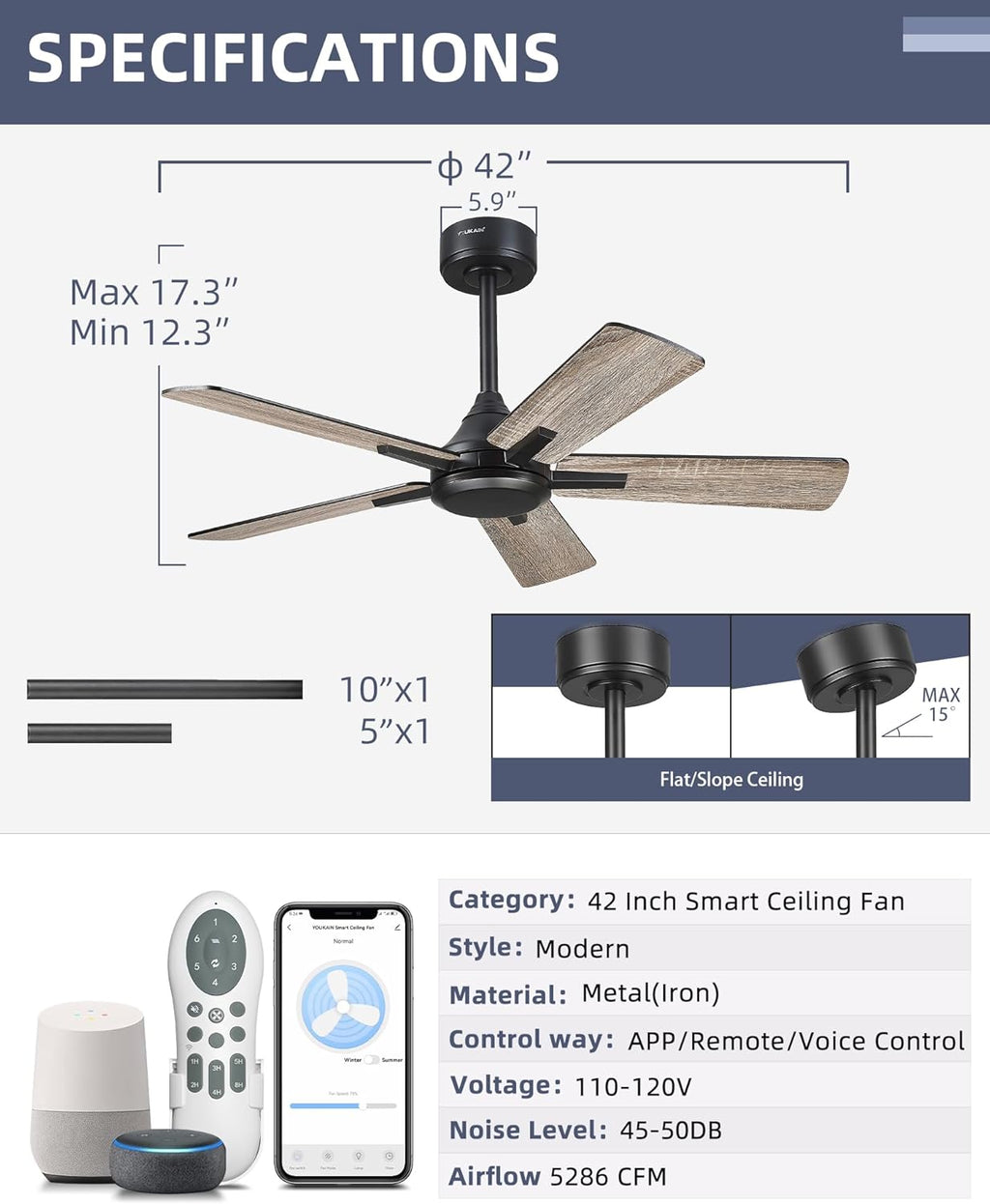 YOUKAIN Ceiling Fan No Light, 42 Inch Black Modern Ceiling Fans, Smart Ceiling Fan Works with Voice Control & Remote Control, Reversible Blades, Outdoor Ceiling Fans for Living room, 42-YJ812-BK-NL