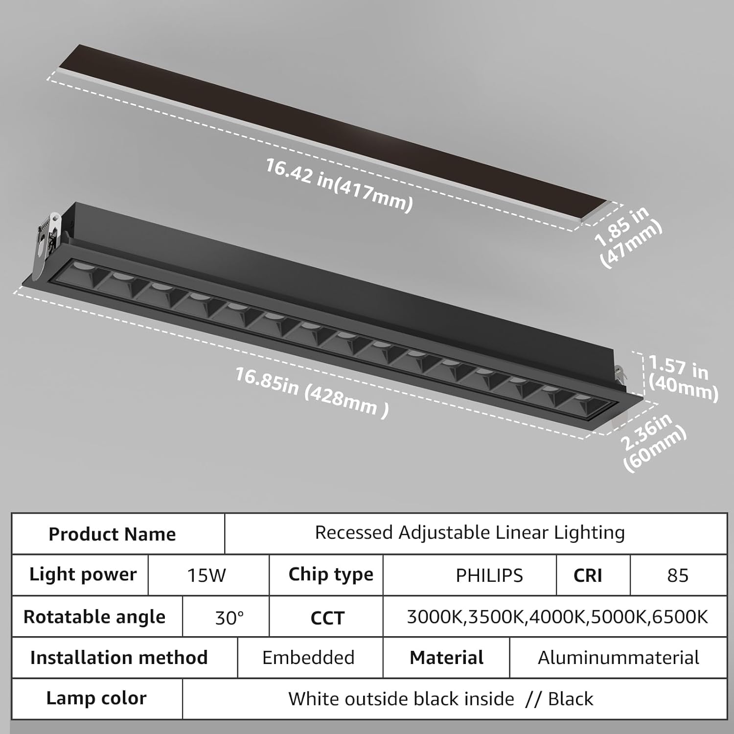 LED Linear Recessed Spotlight 4 Pack, Black Aluminum Recessed Grille Spotlight with Junction Box, Dimable 5 CCT 3000K-6500K, TRIAC Dimming Lighting for Living Room Kitchen Bedroom Hallway