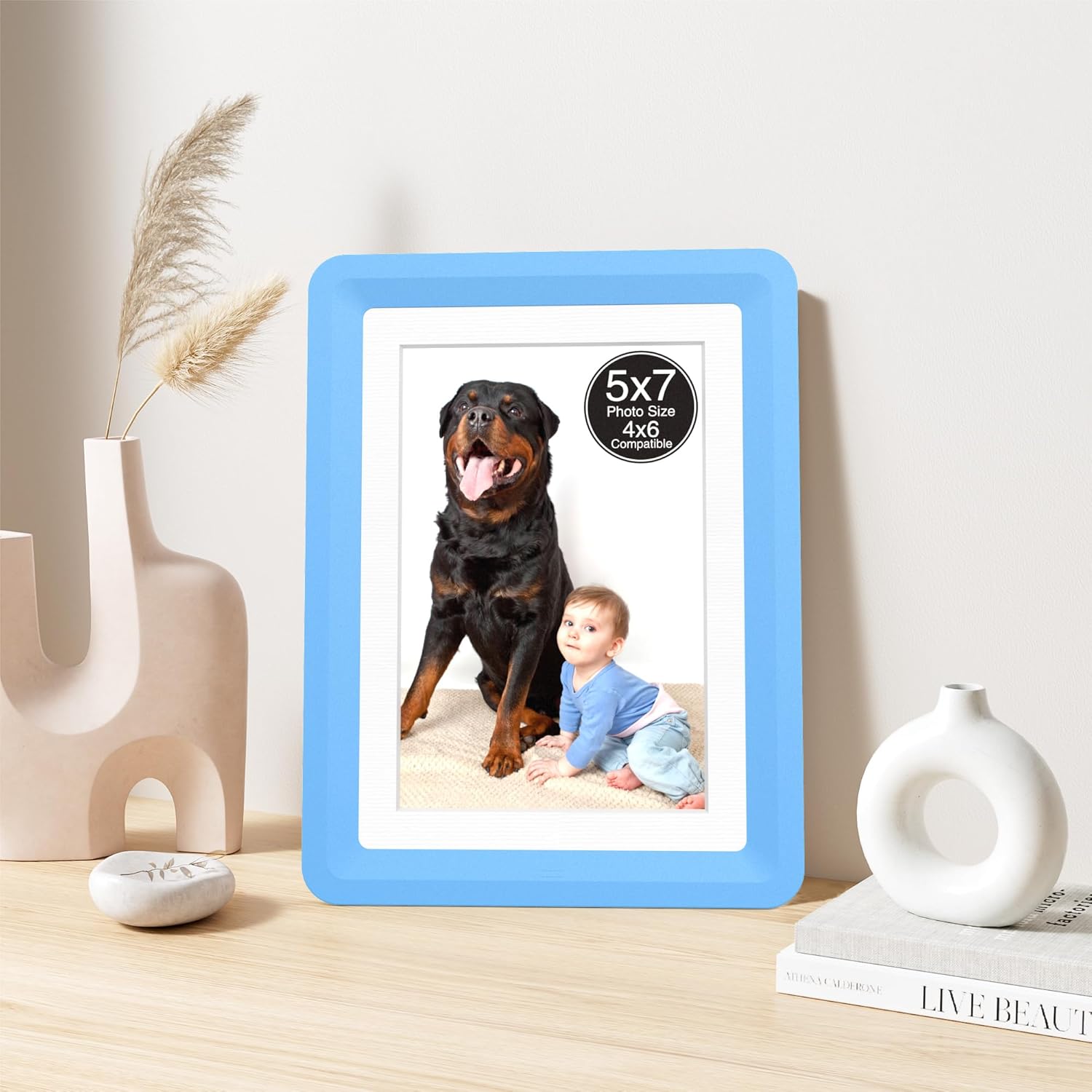 Blue 5x7 Picture Frame with Acrylic Front 1 Pack, ABS Frame for 5x7 or 4x6 Photos, Shatterproof UV-Resistant Tabletop Photo Frame, Vertical/Horizontal Display for Home Décor