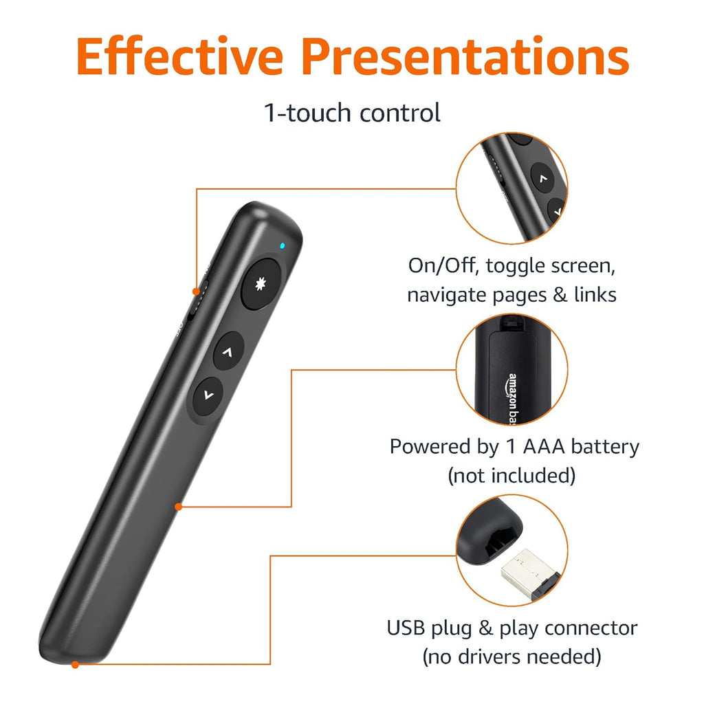 Amazon Basics Wireless Presenter, Red Laser, 2.4GHz, Battery Operated, Hyperlink