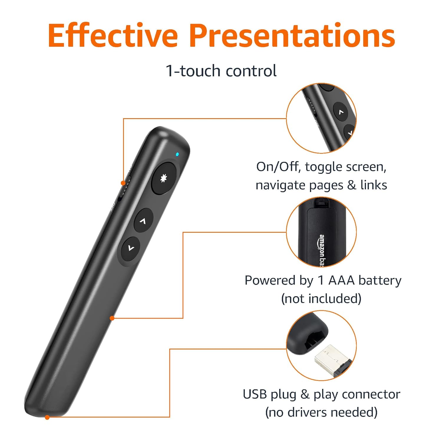 Amazon Basics Wireless Presenter, Red Laser, 2.4GHz, Battery Operated, Hyperlink