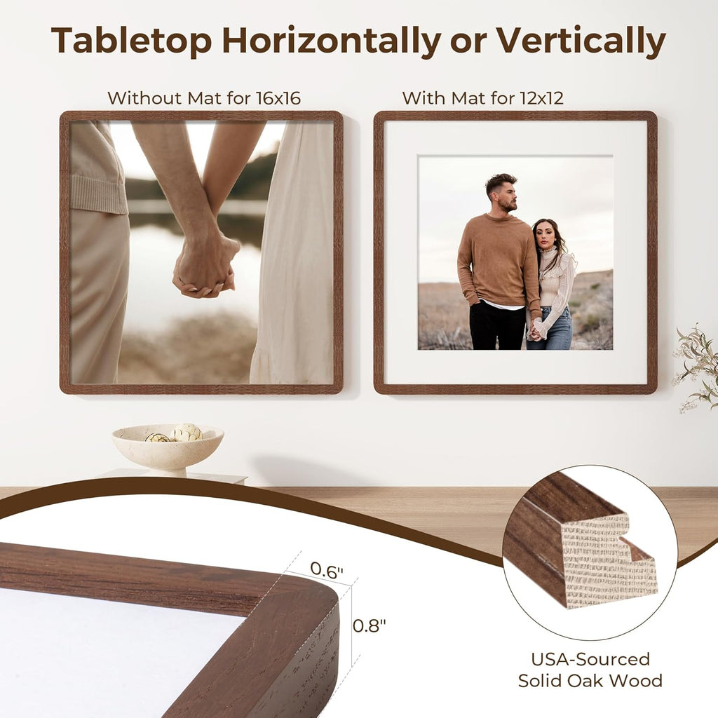16x16 Picture Frame, Square 16 by 16 Frames for Wall - Solid Oak Wood & Tempered Glass, 16 x 16 Wood Frame Matted to 12 x 12, Square Picture Frame 16"x16" for Home Decor, Walnut Color, 1 Pack