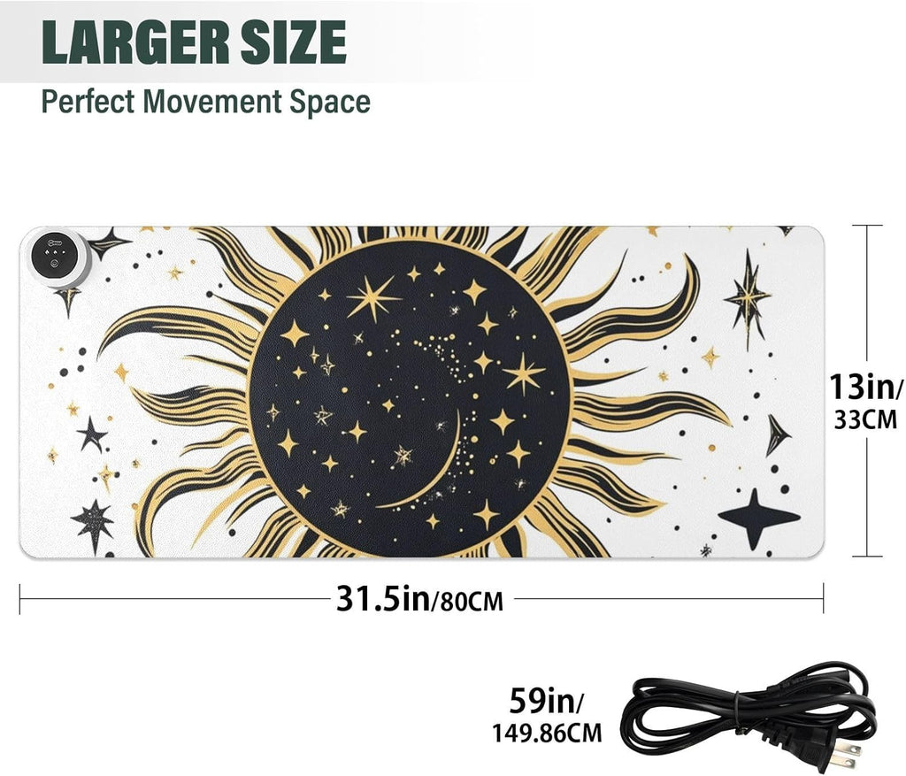 Heated Desk Pad Mouse Pad 31.5x13 Inch PU Leather Desk Mat with 3 Heat Levels Large Mouse Gaming Computer Laptop Mat Vintage Constellation Sun and Star 01