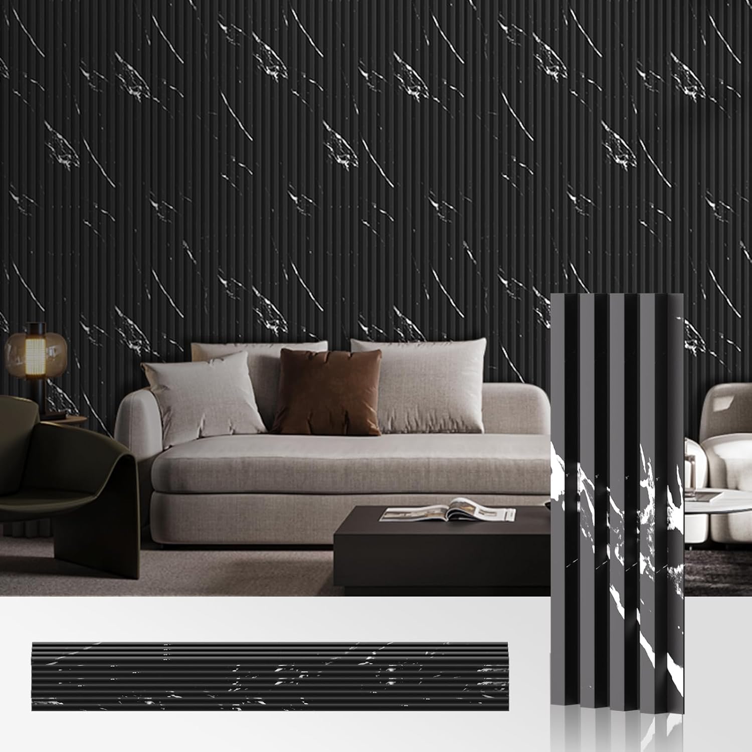 OUZUGIE WPC Acoustic Slat Wall Paneling, 8-Pack 96 x 6 Inches 3D Wall Panels for Interior Wall Decor,Living Room,TV Background,Study Room,Office Spaces,Bedroom,High Grille (Black Marble-1)
