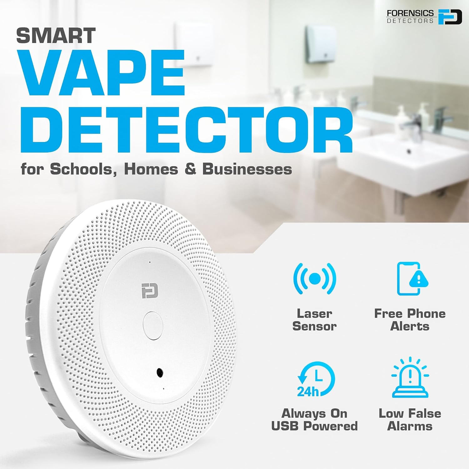 Vape Detector by Forensics | for Schools, Home, Hotels, Business | Cell Phone Alarms WiFi | Laser Scattering Super Sensitive Sensor |