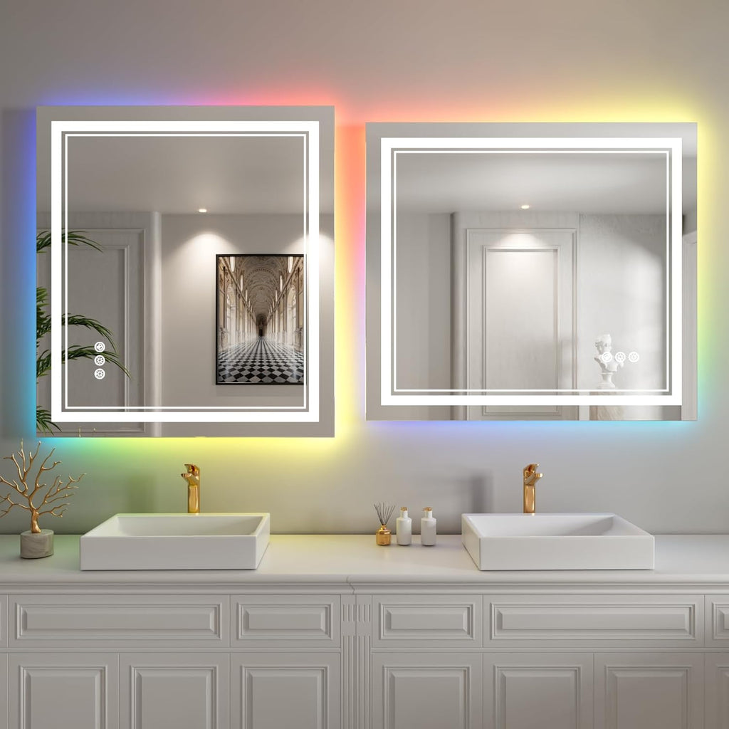 40x38 inch LED Bathroom Mirror with RGB Lights Color Changing Backlit Mirror Shatterproof Dimmable Anti-Fog Lighted Vanity Mirror (RGB Multicolor Backlit + Adjustable Front-Lighted)