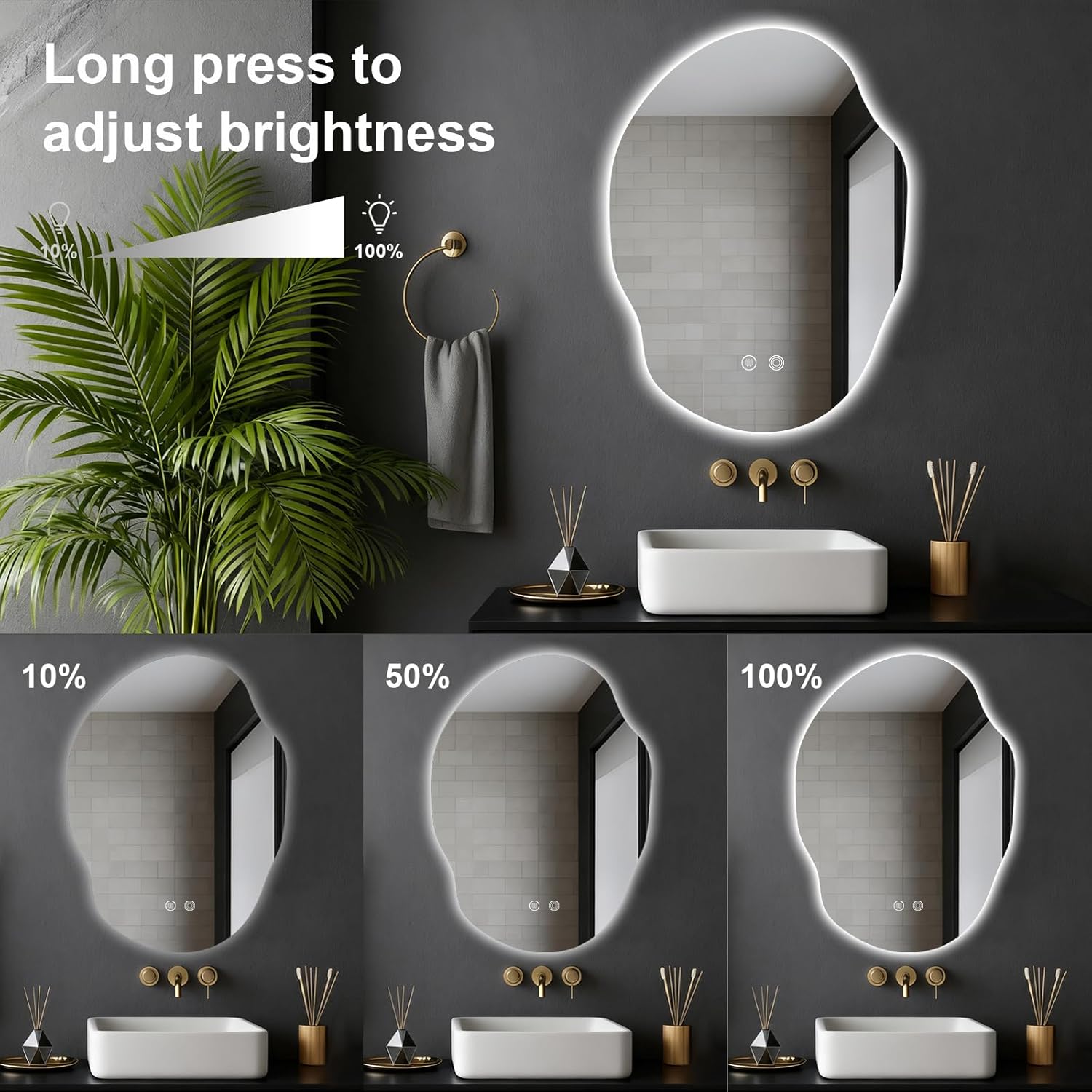 Asymmetrical Bathroom Mirror with Lights,Irregular LED Bathroom Vanity Mirror with Backlit,Anti-Fog,3 Colors and Dimmable Light with Memory,Hardwired Supported[Horizontal/Vertical] 30" H x 22" W