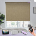 Graywind Motorized Roller Shades Work with Alexa Google Smart Blackout Shades with Remote Insulated Triple Weaved Fabric Window Blinds with Valance for Smart Home Office, Customized Size (Coffee)