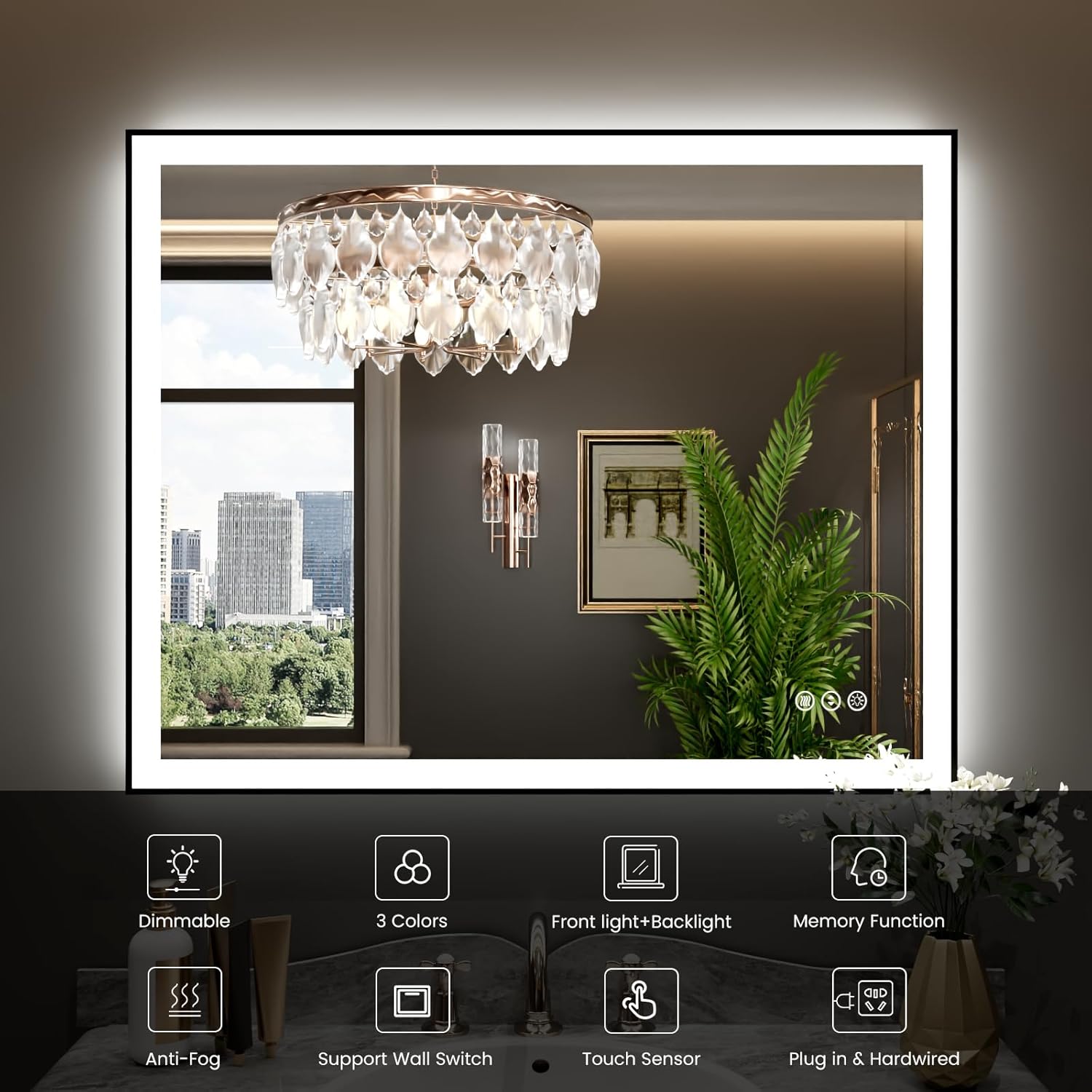 WTTY 40"X36" LED Bathroom Mirror with Black Frame, Bathroom Vanity Mirror with Lights for Wall, Front Light and Backlit, Anti-Fog, Dimmable, 3 Colors, Shatterproof, Memory, Horizontal/Vertical
