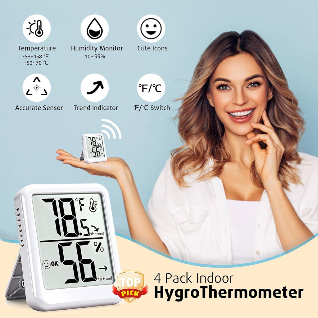 4-Pack Room Thermometer Indoor Hygrometer, Small Digital Temperature and Humidity Monitor Sensor, Temperature Humidity Gauge Meter for Home Baby Room, Plants, Pets - AAA Battery Included