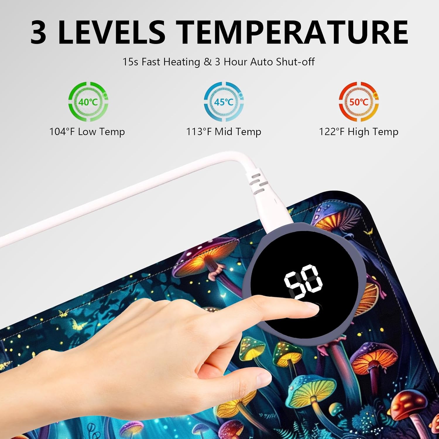 Heated Mouse Pad with 3 Levels Heated & 3 Hours Auto Shut-Off Mouse Pad for Warming Hands in Office Home, 23.6" x 14.2"Large Safe Desk Mat Hand Warmer，Forest Glowing Mushroom