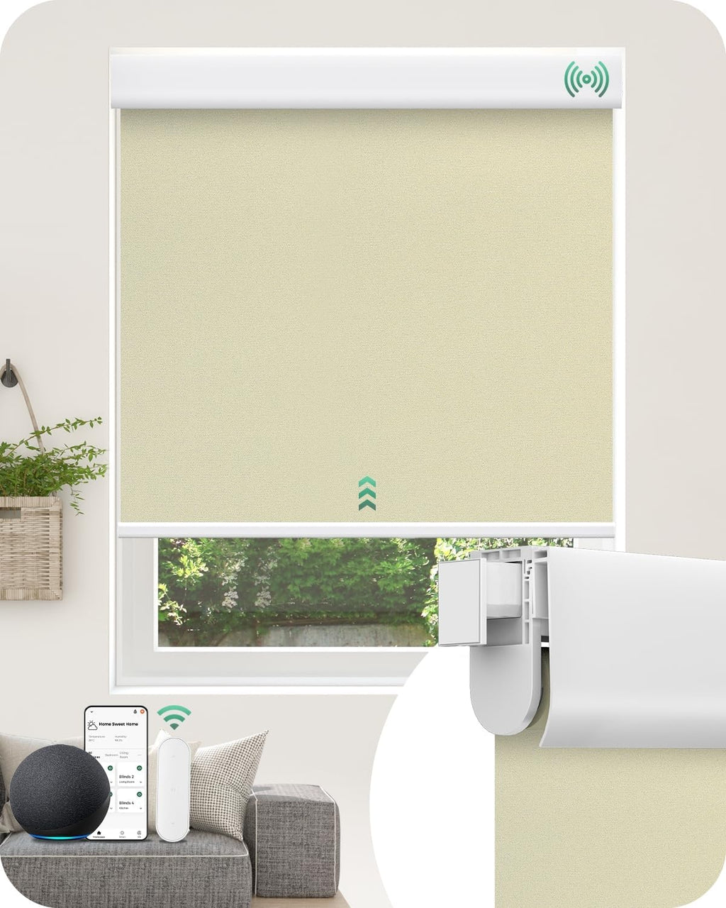 Allesin No Drill Motorized Roller Blinds – Rechargeable Electic Blackout Shades with Cassette Cover, Utral-Quiet Motor, Automatic Blind with Remote for Indoor Windows (Beige, 28" W x 72" H)