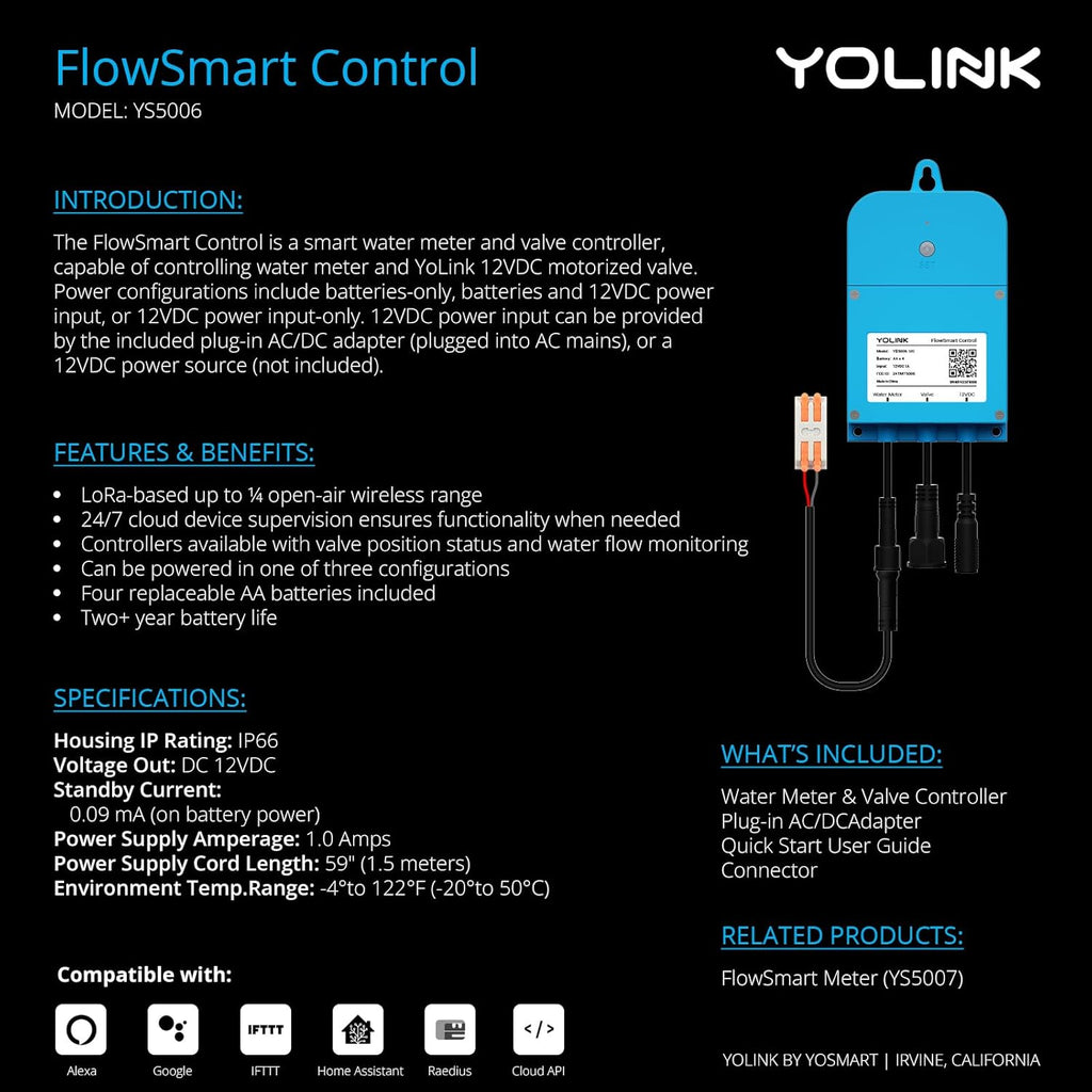 NSF Certified Pulse Meter + Shutoff Valve Kit, 1", FlowSmart Controller YS5006 Reads Meter Pulses, Real-Time Usage & Leak Detection, Auto Shutoff (D2D Offline), LoRa Long Range, Hub Included