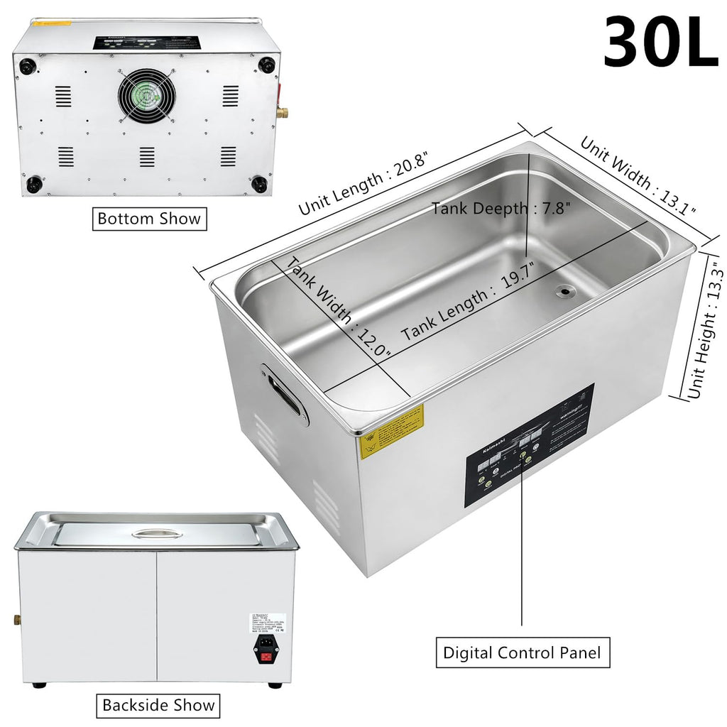 30L Ultrasonic Cleaning Machine with Digital Timer & Heater, Stainless Steel Sonic Parts Cleaner for Carburetor, Auto Tools Cleaning.