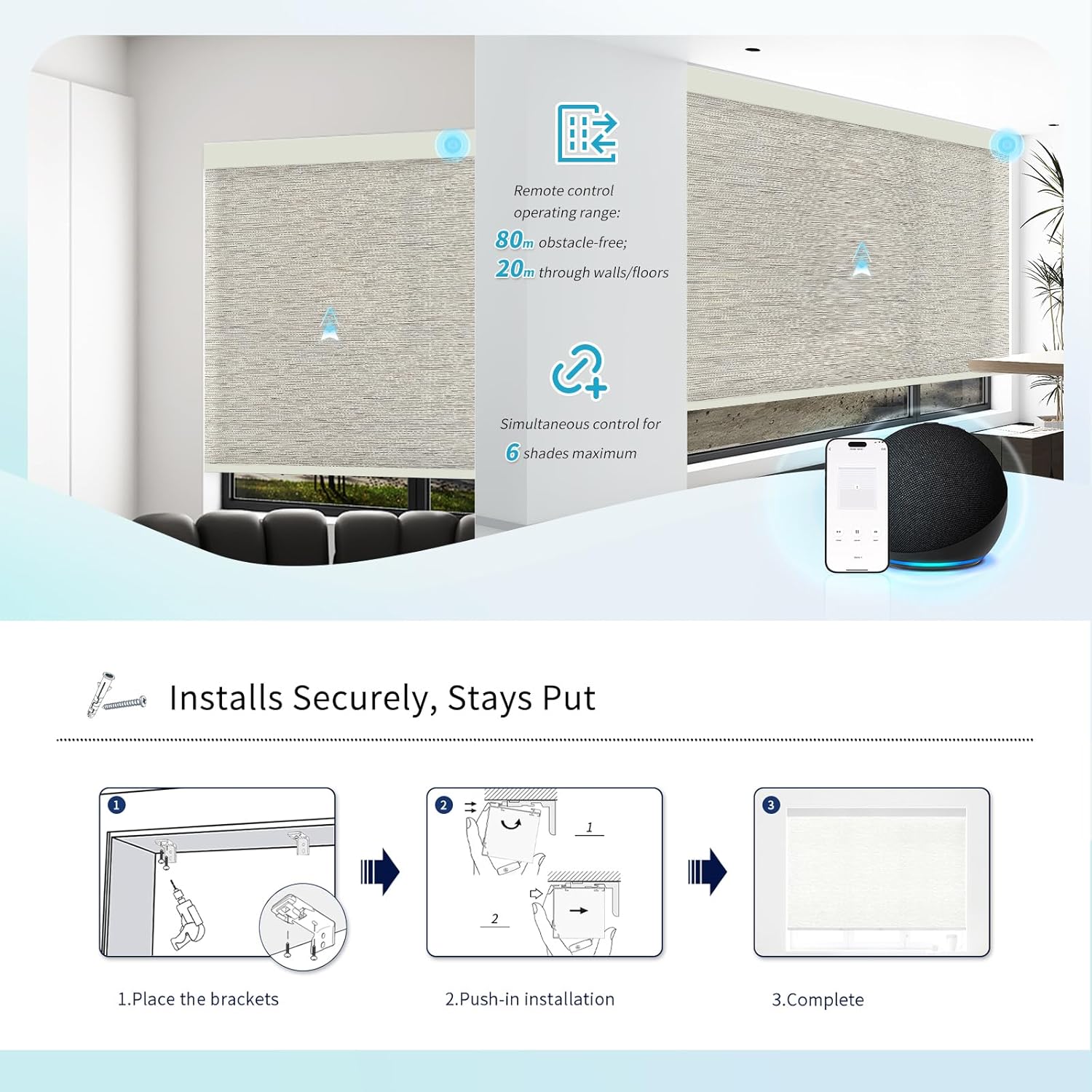 Motorized Blinds with Remote Custom Size Blackout Smart Roller Shades Compatible with Alexa Google, Electric Blinds for Windows