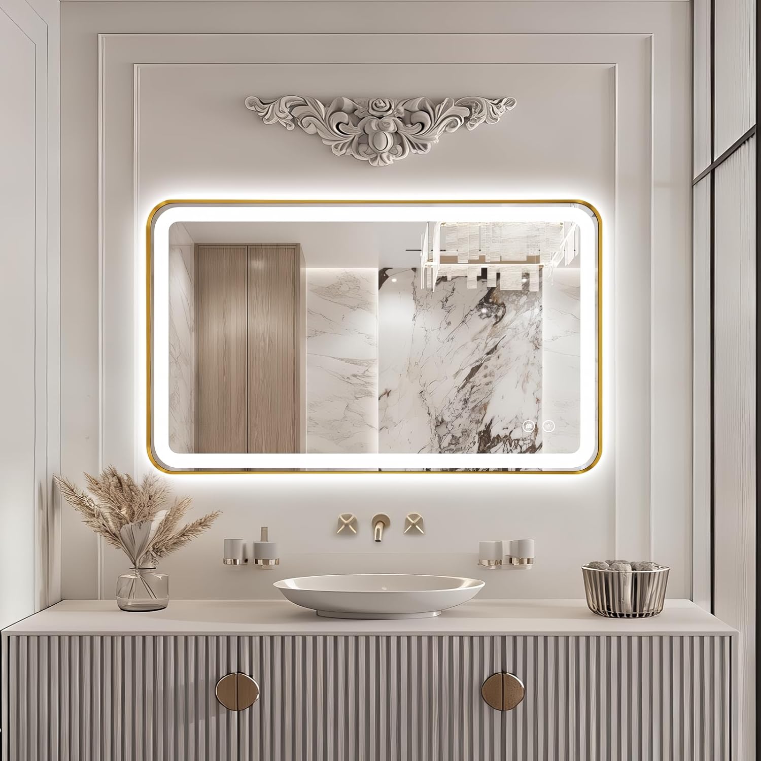 40"x24" Lighted Vanity Mirror with Lights, Gold Metal Frame Led Mirror for Bathroom, Anti-Fog Wall Mirror with Front and Backlit, Shatterproof, 3 Colors Stepless Dimmable, Horizontal/Vertical