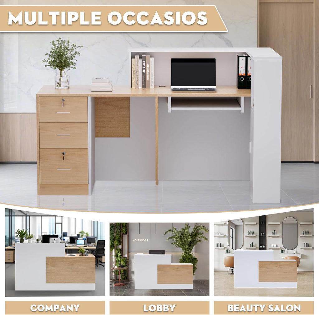 L-Shaped Modern Reception Desk with Counter & Storage - 71" Large Office Front Desk, Salon Checkout Counter with Lockable Cabinets, Shelves(Oak & White, Left - 71''L x 34''W x 41''H)