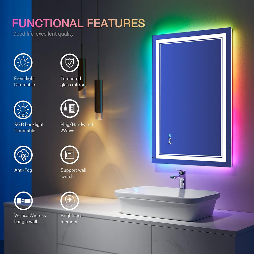 28x36 inch LED Bathroom Mirror RGB Color Changing Backlit Mirror Shatterproof Dimmable Anti-Fog Vanity Mirror with Double Lights (RGB Multicolor Backlit + Adjustable Front-Lighted)