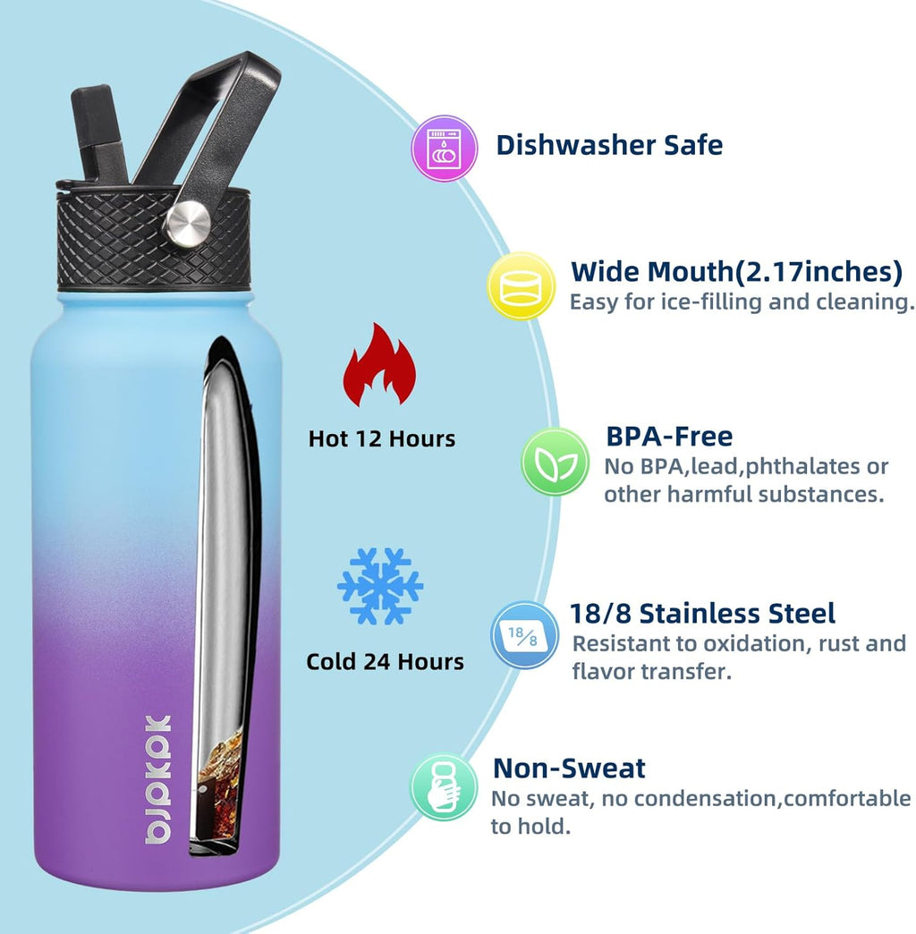 BJPKPK 2 Pack Insulated Water Bottles with Straw Lids, 32oz Stainless Steel Metal Water Bottle with 6 Lids, Leak Proof BPA Free Jugs, Cups, Flasks for Travel, Sports (Cherry+Ocean Dream)
