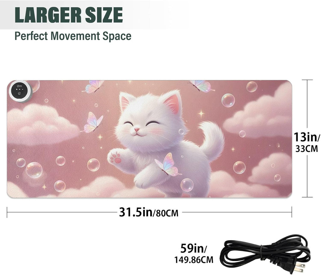 Large Heated Mouse Pad,Leather Desk Mat,31.5"x13",Hand Warmer Pads for Desk,Kitty Bubbles(Pale Pink)