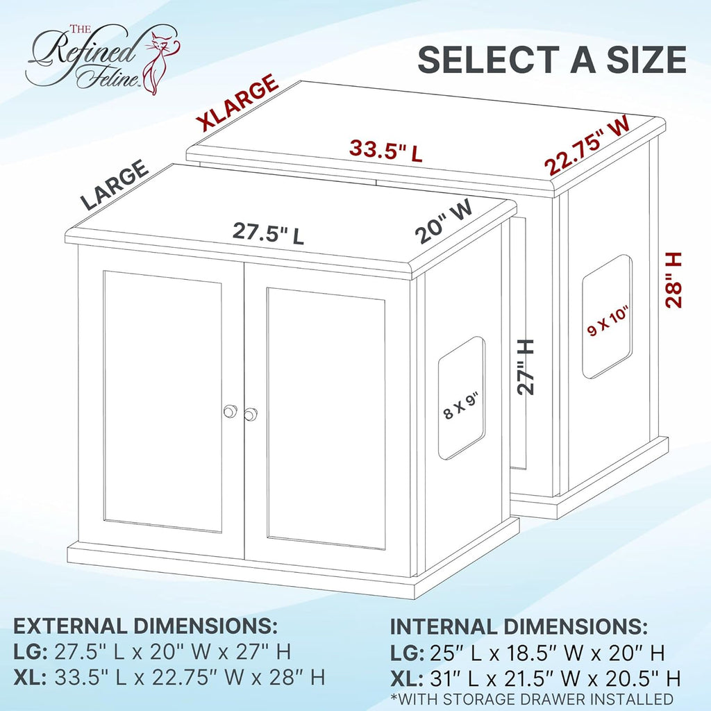 THE REFINED FELINE Cat Litter Box Enclosure Cabinet, Cottage Style, White, Hidden Litter Cat Furniture with Drawer, Large + XLarge