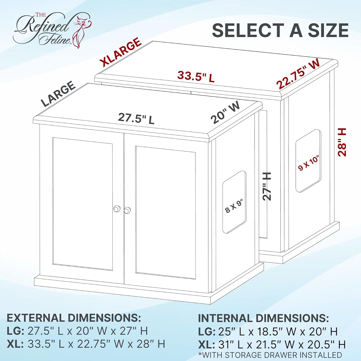 THE REFINED FELINE Cat Litter Box Enclosure Cabinet, Cottage Style, White, Hidden Litter Cat Furniture with Drawer, Large + XLarge