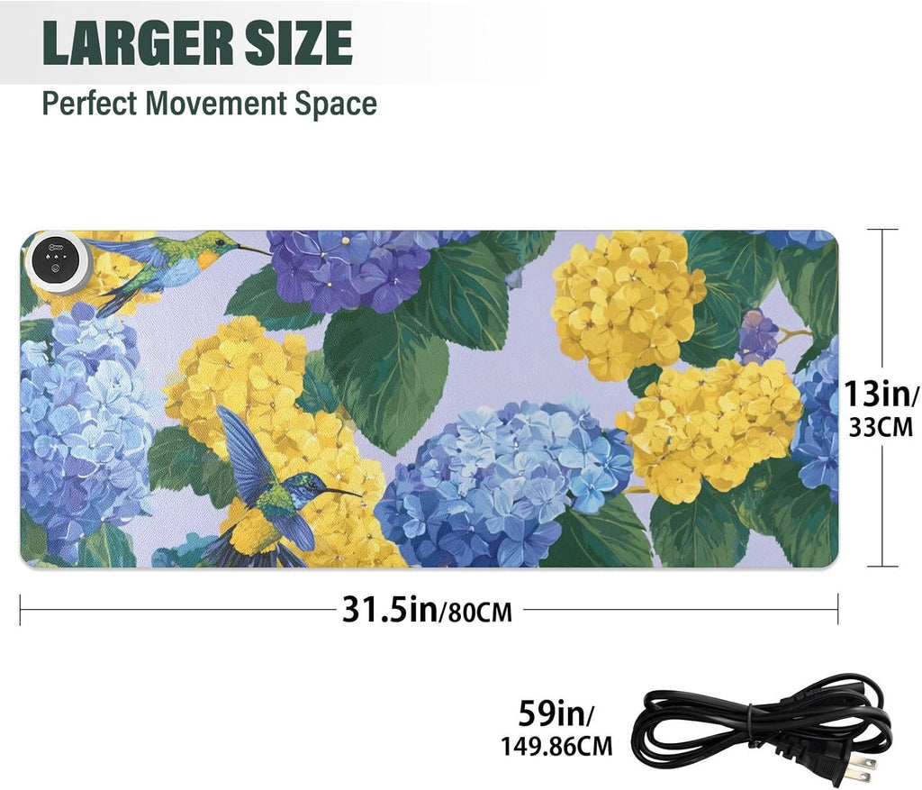 Heated Desk Pad Mouse Pad 31.5x13 Inch PU Leather Desk Mat with 3 Heat Levels Large Mouse Gaming Computer Laptop Mat Blue Hydrangeas Hummingbirds