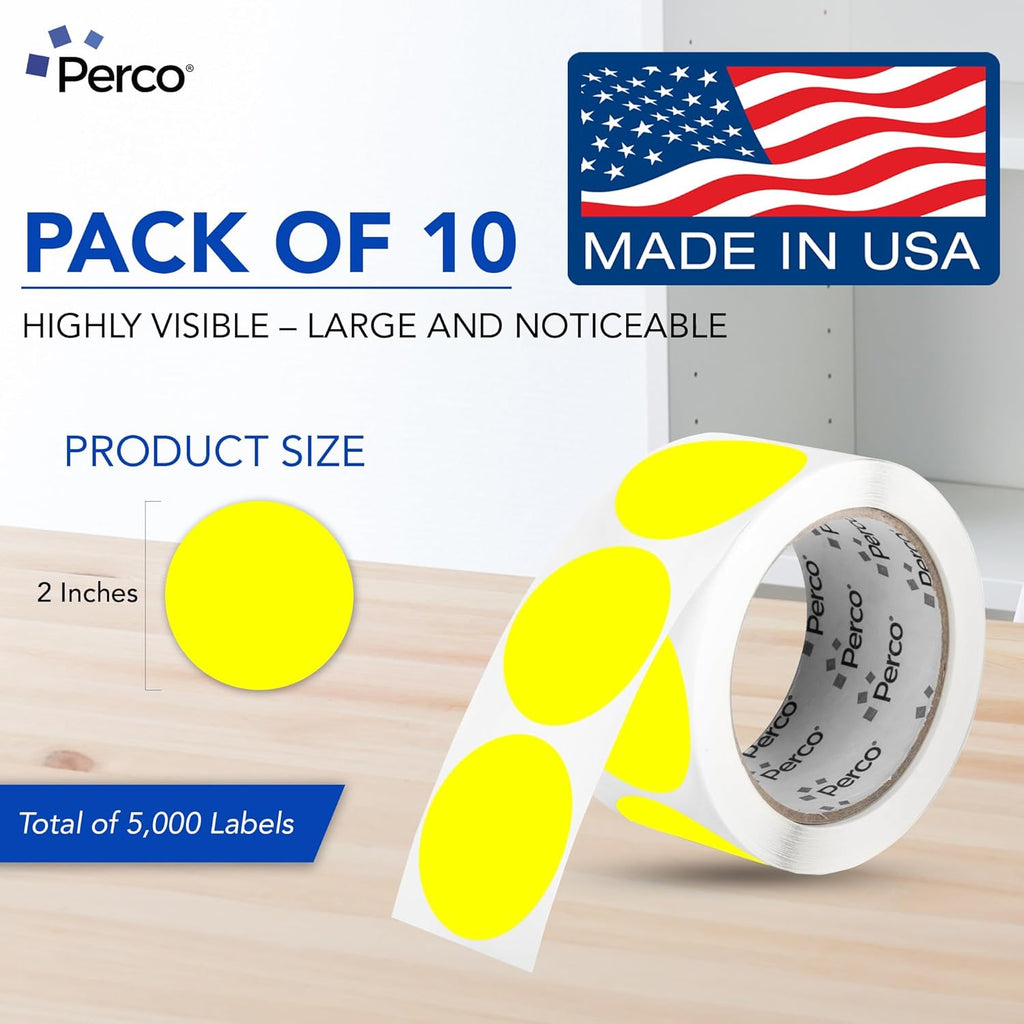 Perco Fluorescent Yellow 2-Inch Perforated Circle Dot Sticker Labels — 10 Rolls, 5,000 Round Stickers — with Permanent Adhesive for Organizing, Color Coding, Bin Labeling, Packaging Alerts—Made in USA