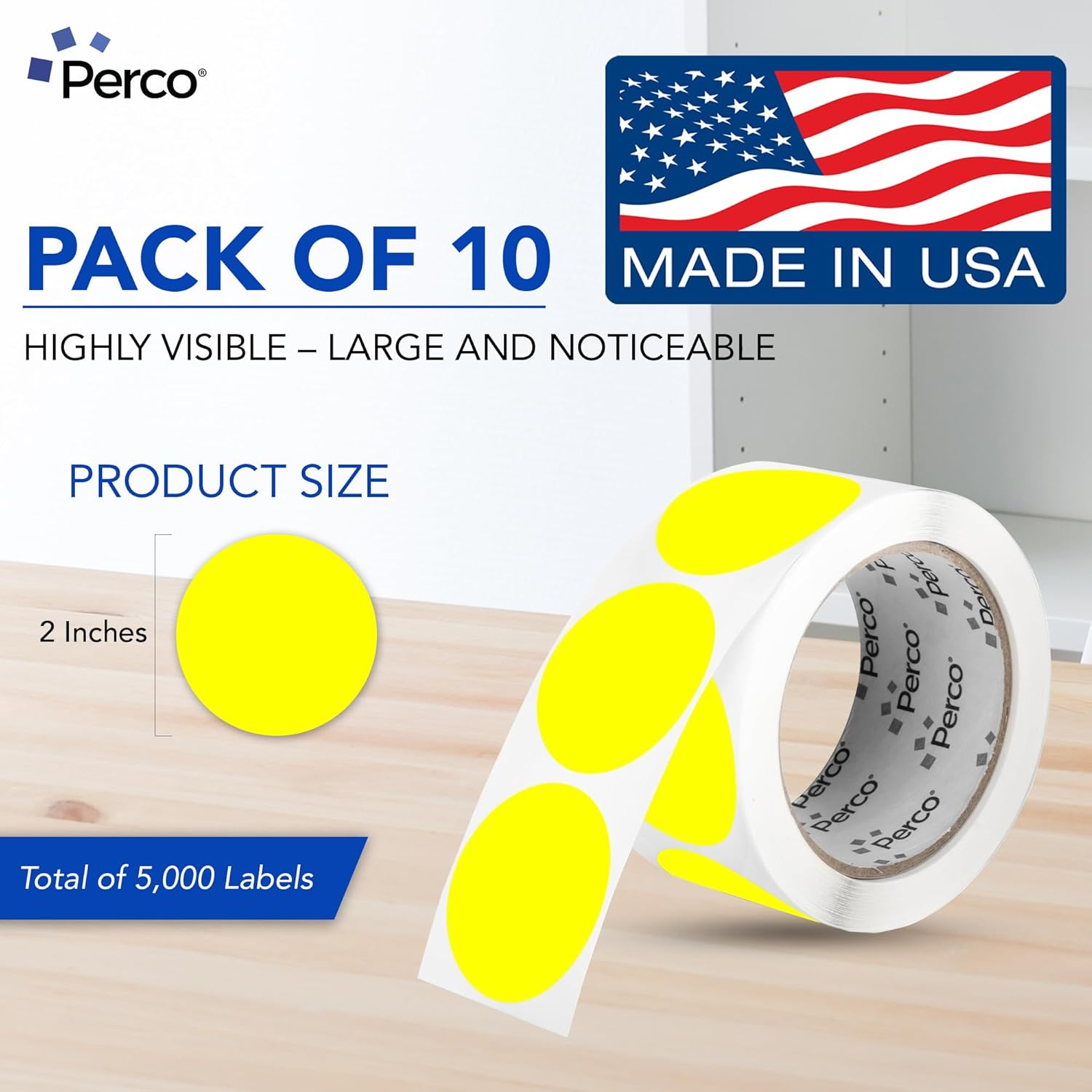 Perco Fluorescent Yellow 2-Inch Perforated Circle Dot Sticker Labels — 10 Rolls, 5,000 Round Stickers — with Permanent Adhesive for Organizing, Color Coding, Bin Labeling, Packaging Alerts—Made in USA