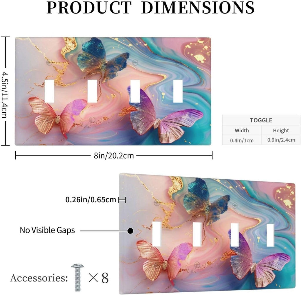 Colorful Marble Butterfly Gold Glitter Abstract Print Light Switch Covers Quad Toggle Electrical Faceplate 4 Gang Wall Plate Decorative Switch Plates for Bed Room Living Room Decor