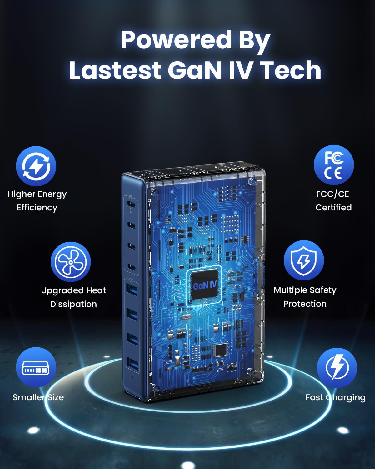 200W USB C Charger Block,GaN IV Charging Station 8 Ports,QC4.0 Fast Charging Station Hub+PD 65W USB C Laptop Charger Adapter Compatible with MacBook Air/Pro,DELL,iPhone 17/16,iPad,Steam Deck-Deep Blue