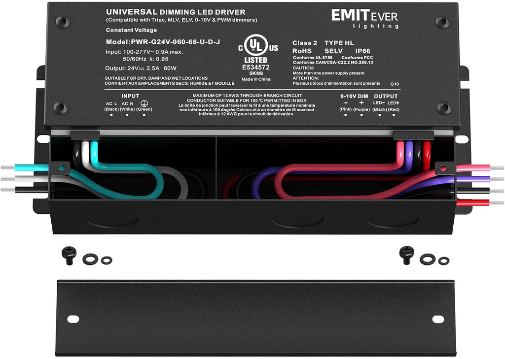 EMITEVER 60W Dimmable LED Driver, 24V Triac Dimmable Power Supply, AC to DC Transformer for LED Light, Compatible with Lutron and Leviton Dimmer, Waterproof IP67 and UL Listed, Class 2