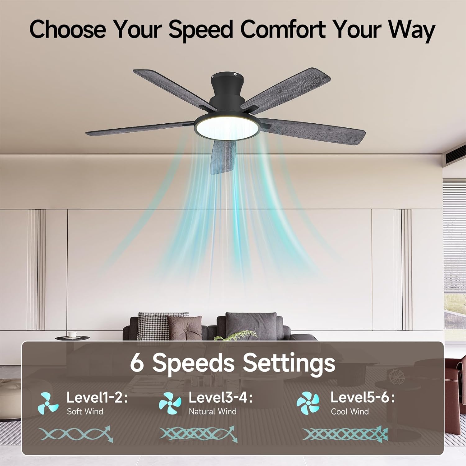 Ceiling Fans with Lights,52 inch,Nightlight,Quiet,Reversible Motor,6 Speeds,Timer, Low Profile Ceiling Fan for Bedroom,Living Room,Indoor/Outdoor Use(Gray)