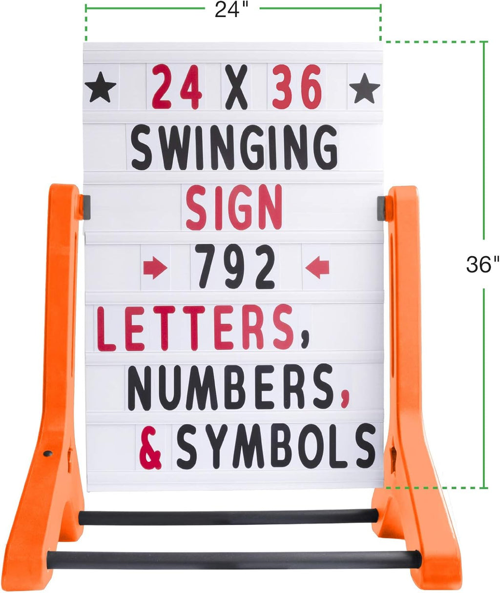 Swinging Changeable Message Sidewalk Sign: 24" x 36" Sign with 792 Pre-Cut Double Sided Letters and Storage Box. Includes Black Board & Letter Board (Orange Color Legs)
