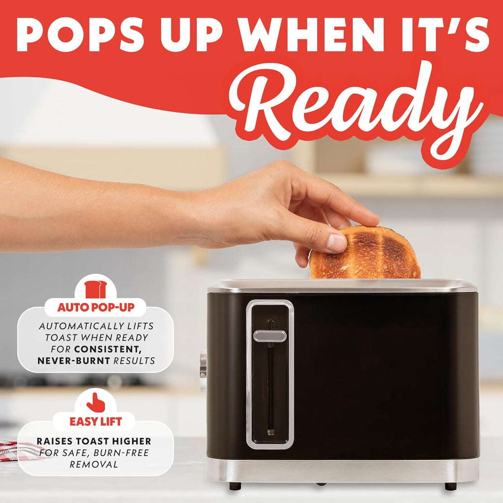 Gourmia 4 Slice Toaster, Double-Sided – Dual Independent Controls, Bagel, Defrost & Reheat Mode, 6 Browning Levels, Extra Wide Slots, Removable Crumb Tray, Compact Design, Black