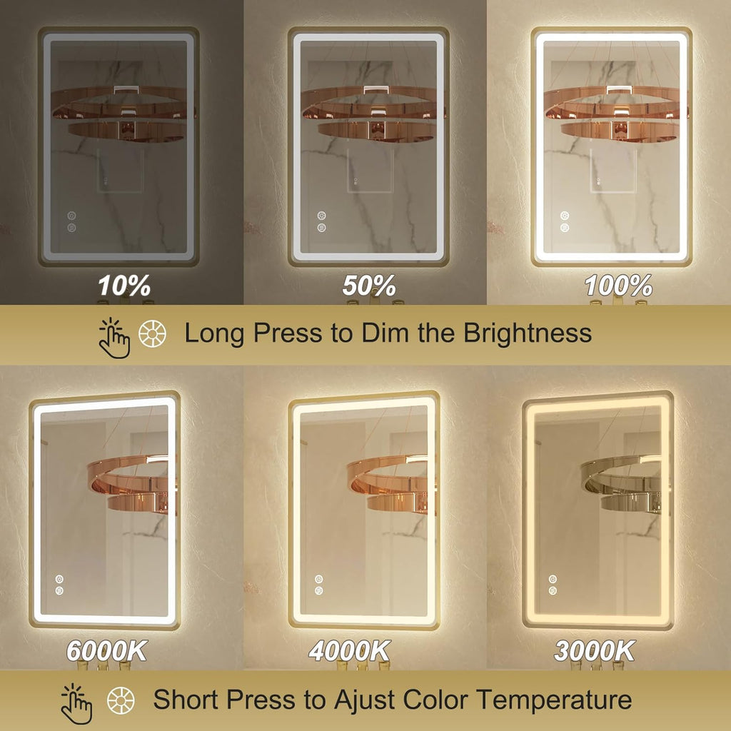 24x32 Inch LED Bathroom Mirror with Round Corner Gold Framed, Lighted Vanity Mirrors with Lights, Front Light and Backlit, Stepless Dimmable, Anti-Fog, Memory, 3 Colors Wall-Mounted Mirrors