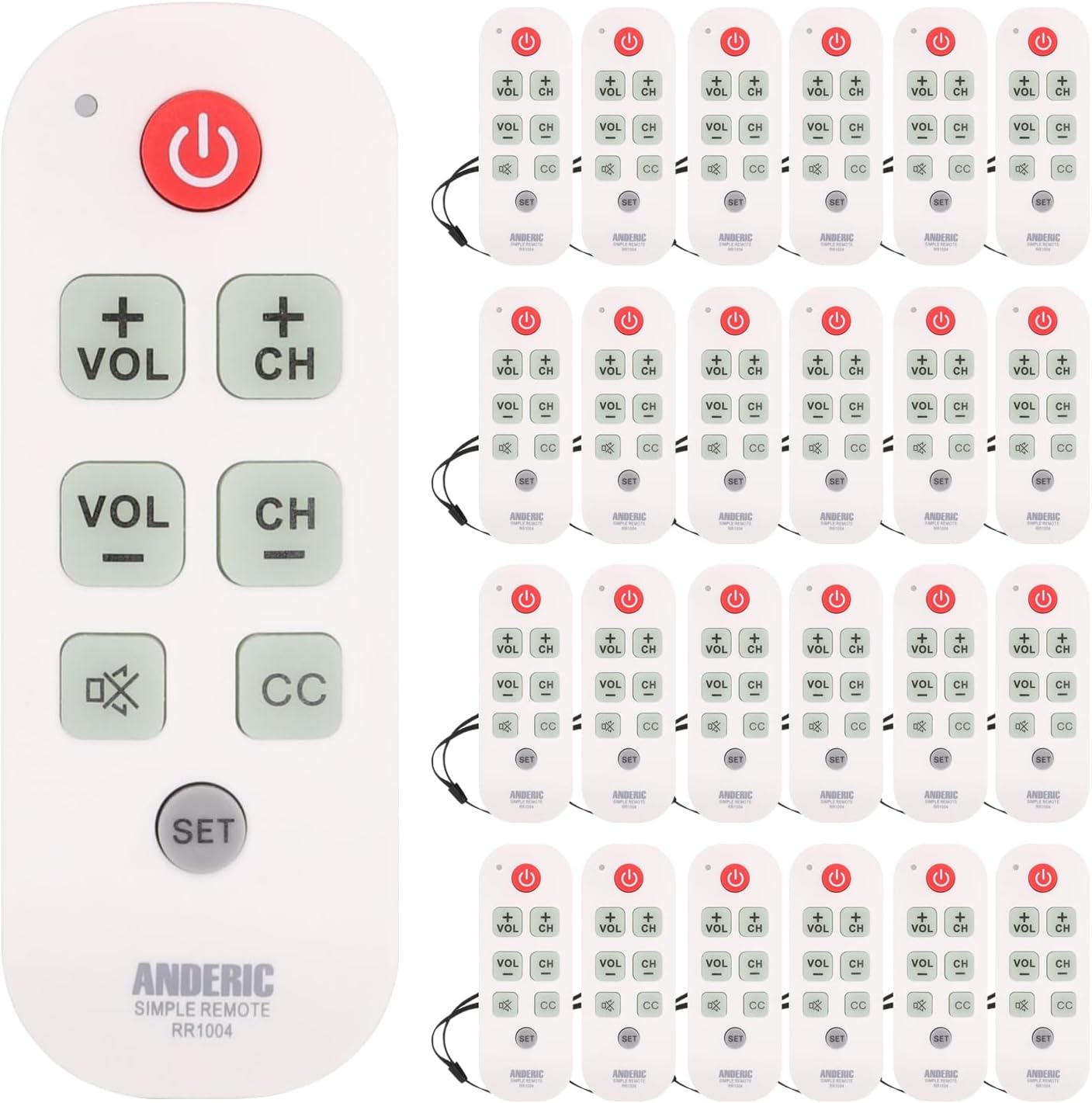 [25 Pack] Anderic Easy Big Button Universal TV Remote Control. Easy to Use, Learning, Glow Keys - Television & Cable Box Controller, Perfect for Assisted Living Elderly Care - White - RR1004